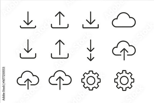 A minimalist outline-style icon set for upload and download, featuring cloud, folder, mobile, web, and settings symbols for data transfer across UI, UX, apps, websites, and digital interfaces, fully