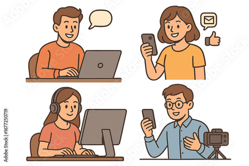 People and technology vector set. Vlogger streaming video, woman on social media, freelancer working on laptop, gamer with headphones. Digital communication, content creation concept.