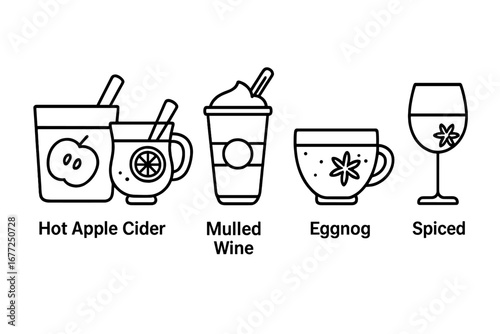 Seasonal drinks icon set. Outline vector graphics of hot apple cider, mulled wine, pumpkin spice latte, eggnog, spiced wine for autumn and winter holiday party menus.