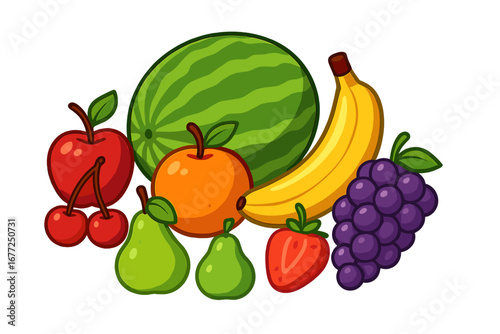 Vibrant assortment of fresh colorful fruits including watermelon, banana, grapes, apple, orange, pear, strawberry, and cherries in neat arrangement, vector cartoon illustration