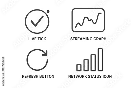 Real-Time Data Icons Set, Outline Vector Graphics of Live Tick, Streaming Graph, Refresh Button, Network Status Symbol for Technology and Digital Interfaces