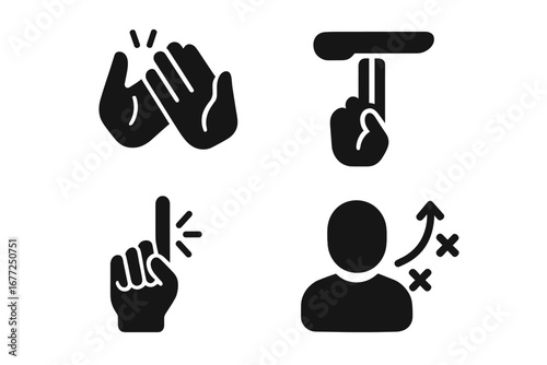 Team communication glyph icon set. Vector symbols for coaching, strategy, and teamwork. Hand signals for timeout, applause, and number one. Play call tactics illustration.