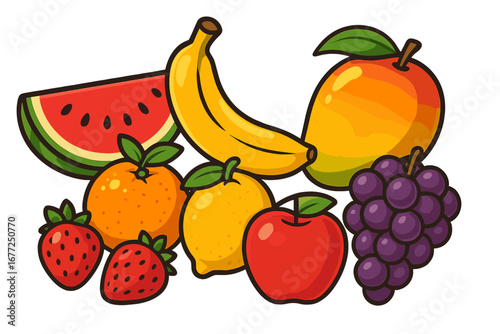 Vibrant assortment of fresh colorful fruits including watermelon, banana, mango, grapes, apple, lemon, orange, and strawberries, cartoon vector illustration with vivid freshness and vitality