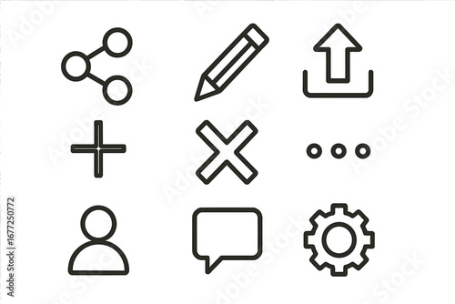 A minimalist set of social media icons—heart, chat, menu, profile, home, refresh, camera, search, bookmark, send, video, and add—ideal for UI, UX, apps, websites, and digital interfaces
