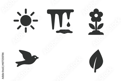Spring icon set. Solid glyph pictograms of seasonal renewal. Sun, melting snow and ice, early flower bloom, migrating bird, fresh leaf. Nature and weather symbols. Vector.