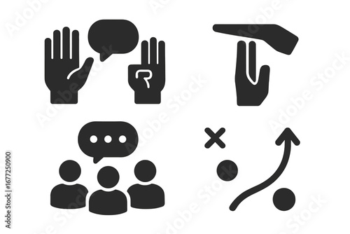 Team communication glyph icons set. Teamwork and collaboration symbols. Timeout hand signal, sport play strategy, group discussion, meeting. Vector graphic for business.