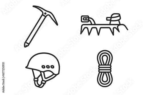 Mountaineering gear icon set. Vector outline symbols of climbing equipment for alpinism and hiking expedition. Includes ice axe, crampons, safety helmet, and rope. Outdoor adventure.