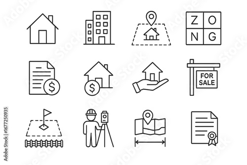 Real Estate and Land Management Icons Set – Outline Property, Zoning, Housing, Surveying, Sale, and Legal Documents Vector Illustration on Transparent Background