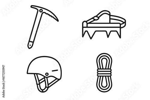 Mountaineering gear outline icon set. Alpinism and ice climbing equipment vector collection. Includes ice axe, crampons, safety helmet and rope for mountain expedition.