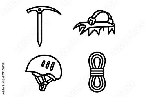 Mountaineering gear icon set. Vector outline illustration of climbing equipment. Ice axe, crampons, helmet, and rope for alpine expeditions, hiking, and trekking adventure.