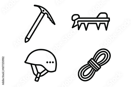 Mountaineering and ice climbing gear icon set. Vector outline illustration of essential equipment: ice axe, crampon, safety helmet, and rope. Mountain adventure concept.