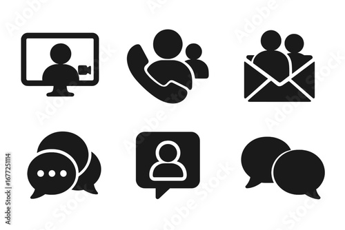 Team communication icon set. Solid glyph icons for business contact. Video conference, phone call, email marketing, chat message, customer support, speech bubble vector signs.