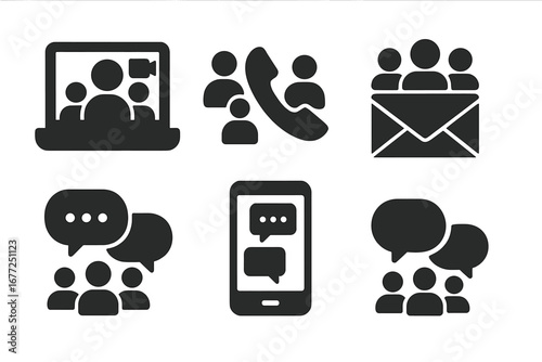 Team communication glyph icon set. Business collaboration concept. Group video call, online meeting, conference call, email list, group chat, discussion, and teamwork symbols.