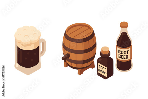 Isometric Root Beer Icon Set with Frothy Mug, Wooden Barrel Keg, Root Extract and Soda Bottle, Flat Vector Beverage Elements on Transparent Background