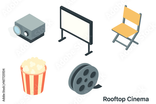 Rooftop cinema isometric icon set. Open-air film screening concept with projector, screen, folding chair, popcorn, and film reel. Movie night vector flat design elements.