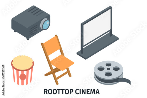 Rooftop cinema isometric icon set. Open-air film screening with projector, screen, folding chair, popcorn, and film reel. Vector illustration for an outdoor movie night concept.