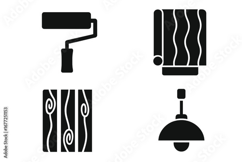 Room renovation and home improvement solid icon set. Vector glyphs for interior design and decoration. Includes paint roller, wallpaper roll, wood flooring, and light fixture.