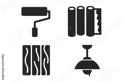 Room renovation solid icon set. Home improvement and interior design symbols. DIY repair tools pictograms. Paint roller, wallpaper, flooring and lamp vector illustration glyphs.
