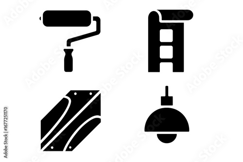 Room renovation solid icons. Home improvement glyph icon set. Interior design elements. DIY repair and decorating tools. Paint roller, wallpaper, floor plank, light fixture. Vector.