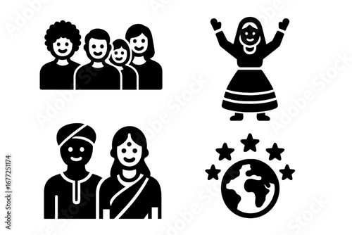 Multicultural celebration solid glyph icon set. Diverse group of people, couple in traditional Indian dress. Global community and cultural diversity vector illustration.