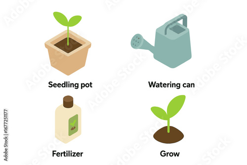 Seedling growth icon set. Isometric plant care and gardening vector icons. Sprout in pot, watering can, fertilizer bottle, and growing plant. Agriculture cultivation concept.