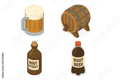 Isometric Root Beer Icon Set with Frothy Mug, Wooden Barrel Keg, Root Extract Bottle, and Soda Bottle - Flat Vector Beverage Illustration on Transparent Background