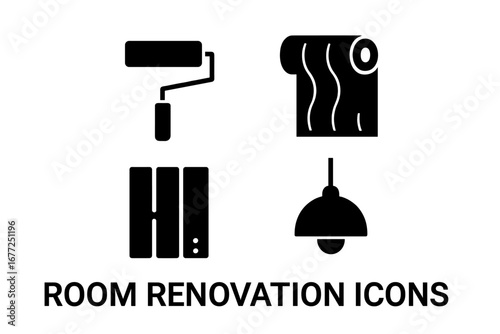 Room renovation solid icon set. Home improvement glyph symbols collection. DIY repair, construction and interior design elements. Paint roller, wallpaper, flooring, lighting.
