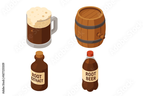 Isometric Root Beer Icon Set with Frothy Mug, Wooden Barrel Keg, Root Extract Bottle, and Soda Bottle Vector Illustration on Transparent Background