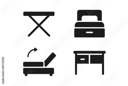 Multifunctional furniture solid icon set. Space saving smart furniture glyphs. Foldable table, storage bed, adjustable recliner and desk vector symbols for web and app design.