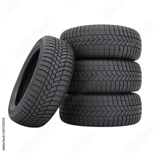 An isolated black rubber tire and wheel on a white background for a car , a bus or truck
