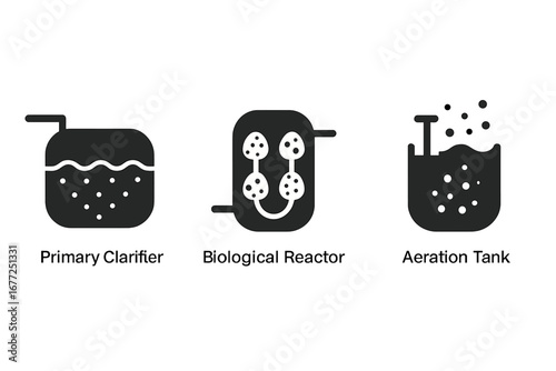 Sewer treatment process icons. Solid glyph icon set of wastewater management. Water purification stages: primary clarifier, biological reactor, and aeration tank. Vector.