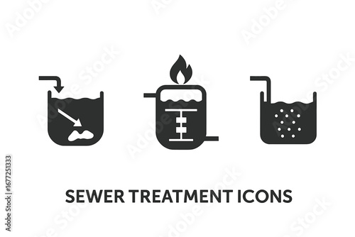 Sewer treatment vector icon set. Wastewater purification process symbols. Primary clarifier, biological reactor, aeration tank, and sludge sedimentation icons for infographic.