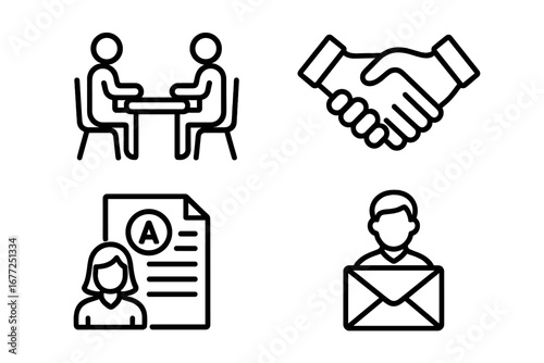 Parent-teacher conference icon set. School communication and education symbols. Vector outline icons of meeting, handshake, student report card, grades, and partnership.