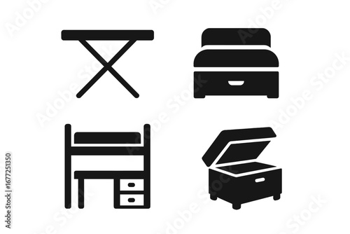 Multifunctional furniture solid glyph icon set. Space saving smart furniture concept. Folding table, storage bed, loft desk, ottoman chest vector icons for compact living.