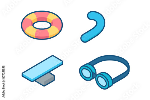 Pool party isometric icon set. Summer vacation fun items. Inflatable float, pool noodle, diving board, swim goggles. Vector illustration for water recreation and design.
