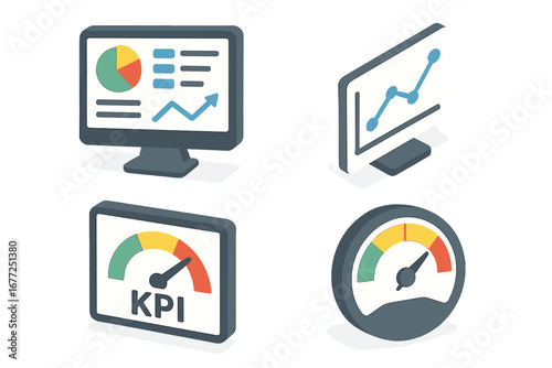 Isometric performance metrics icon set. KPI dashboard, data analysis report, and business analytics concept. Vector icons of computer screen with charts and graphs for success.