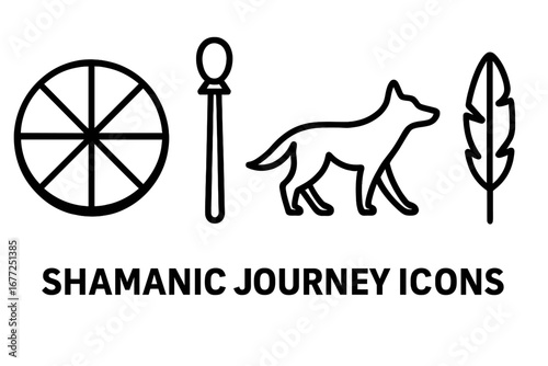 Shamanic journey outline icon set. Spirit journey symbols with shaman drum, beater, feather and spirit animal wolf. Vector illustration for esoteric spiritual rituals.