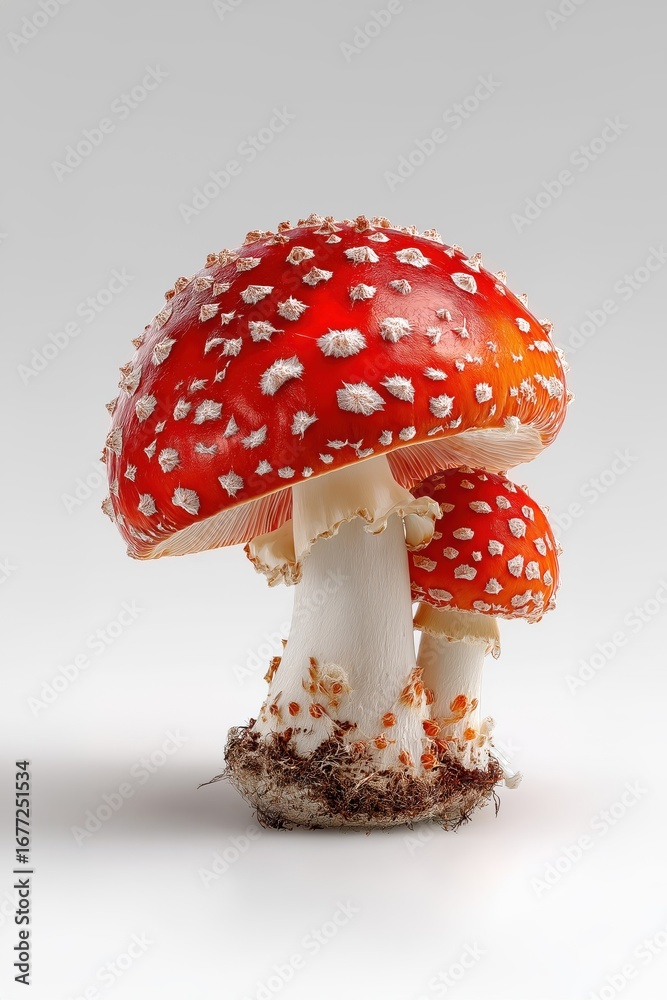 Obraz premium Two vibrant red amanita muscaria mushrooms growing together