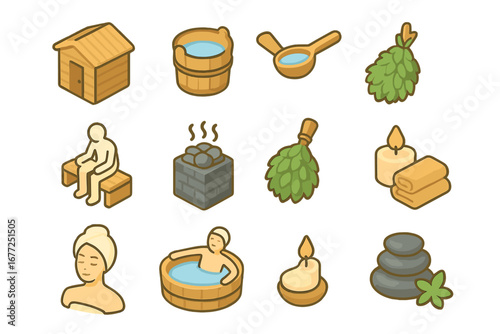 Isometric sauna and wellness icons set, relaxing spa and bathhouse designs with hot stones, herbal bundles, water buckets, candles, towels, and spa stones vector illustration on transparent background