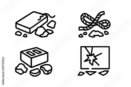 Rubble icon set. Outline vector icons of destruction and debris scenes. Includes concrete slab, twisted metal rebar, broken brick, shattered glass. Demolition, ruin concept.