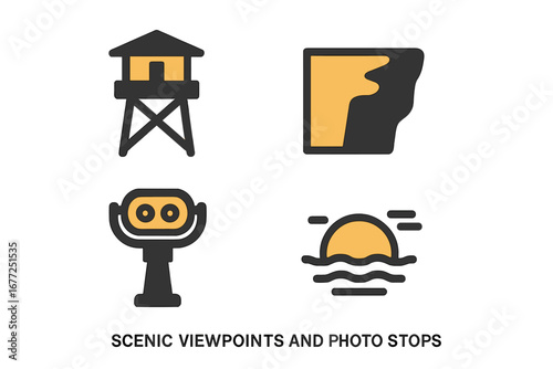 Scenic Viewpoints Icons, Flat Vector Set of Lookout Tower, Cliff Edge, Vista Binoculars, Sun Setting Over Water, and Photo Stops for Travel and Nature Exploration