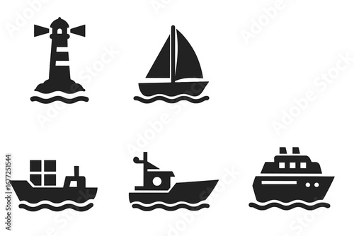 Ship and boat icon set. Solid glyph collection of maritime transport symbols. Vector silhouette of lighthouse, sailboat, cargo ship, fishing trawler, and cruise liner for web design.