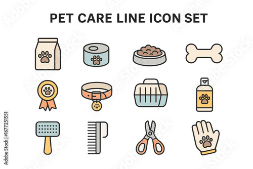 Pet care line icon set. Dog and cat grooming, food, and accessories essentials. Vector flat cartoon symbols collection for pet shop, veterinary, or animal shelter branding.