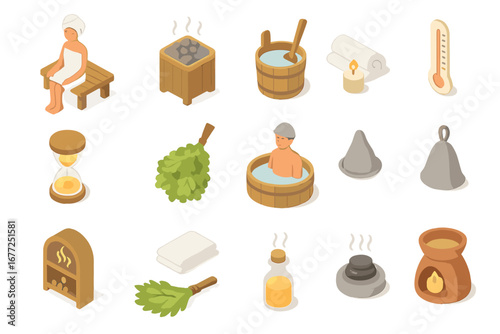 Isometric Sauna and Wellness Icons Set, Relaxing Spa and Bathhouse Elements, Vector Illustration with Steam, Towels, Aromatherapy, Hot Stones, Sauna Hat, and Spa Accessories on Transparent Background
