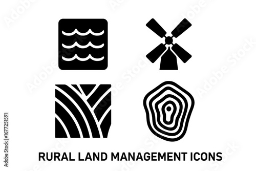 Rural land management icon set. Solid glyphs for agriculture, farming, and environmental resources. Vector symbols of windmill, irrigation, topographic map, and farm field boundary.