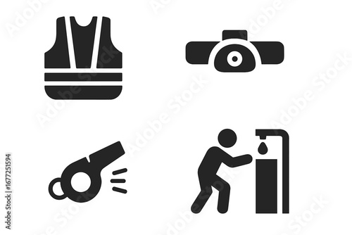 Running safety essentials icon set. Gear for night jogging. Includes reflective vest, headlamp, emergency whistle, and water station. Solid fill vector glyph illustrations.
