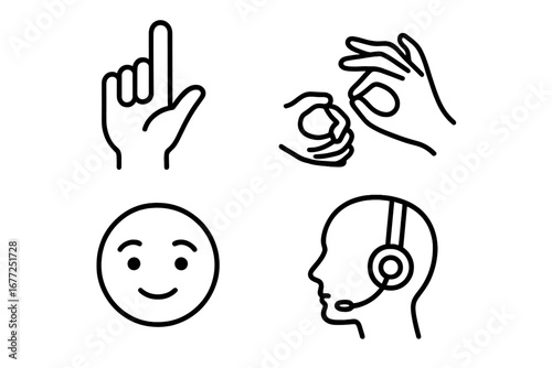 Sign Language Icon Set, Outline Vector Illustrations of ASL Handshape, BSL Gesture, Facial Expression, Interpreter Headset, Communication Accessibility Symbols