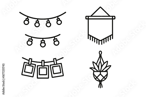 Room decor outline icons. Minimalist vector set with fairy lights, wall tapestry, polaroid frames, and macrame plant hanger. Hygge and boho home decoration graphic elements.
