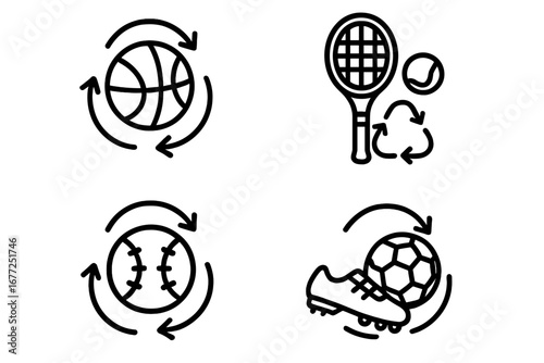 Recycling sports equipment icon set. Line icons for sustainability, reuse, and circular economy. Vector symbols of basketball, tennis, baseball, and soccer gear.