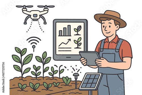 Innovations in sustainable agriculture with drones, smart farming technology, digital crop monitoring, data analysis, and automated irrigation systems, vector cartoon illustration